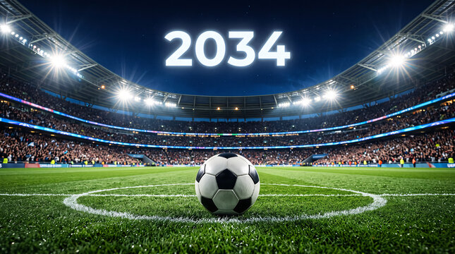Ballon de football devant le nombre 2034 dans un stade &eacute;clair&eacute;