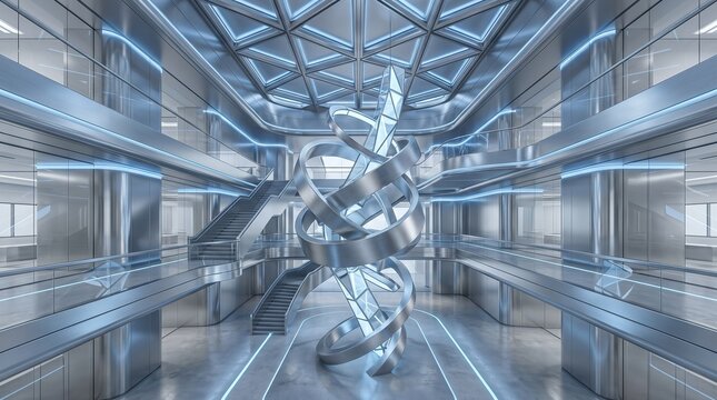 A futuristic robot emerges in a sleek metallic laboratory interior with blue accents and geometric ceiling.
