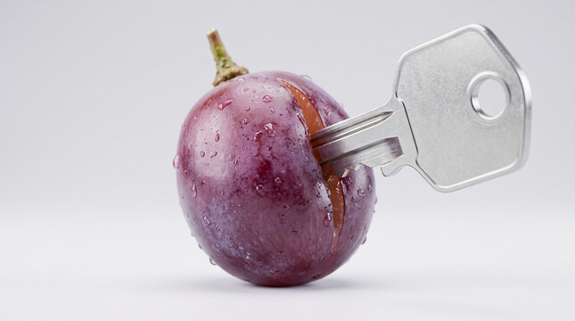 Cl&eacute; m&eacute;tallique ins&eacute;r&eacute;e dans une prune violette couverte de gouttes d'eau