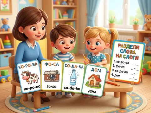 Illustration of teacher and two children learning syllables with flashcards in classroom setting