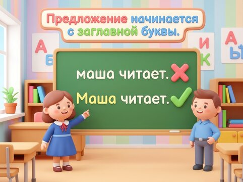 Illustration of children learning grammar rules in a classroom with a chalkboard and desks