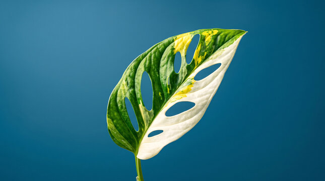 Feuille de monstera panach&eacute;e et perfor&eacute;e isol&eacute;e sur fond bleu