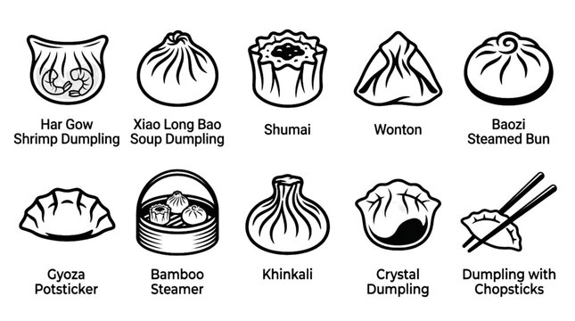 Dumpling and Dim Sum Vector Icon Set Featuring Gyoza Baozi Wonton Shumai Khinkali and Traditional Asian Food in Outline and Silhouette Styles