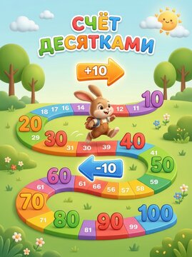 Colorful illustration for 2nd grade mathematics featuring a bunny on a number board game