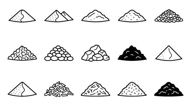 Pile and Heap Vector Icon Set Featuring Sand Soil Gravel Stone Coal Salt and Wood Chip Material Symbols for Construction and Industrial Design