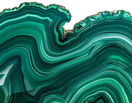 Luxury deep emerald green banded malachite mineral gemstone crystal texture slice macro isolated on white background botany color pattern element