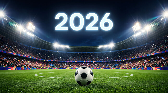 Ballon de football devant le nombre 2026 dans un stade rempli de supporters