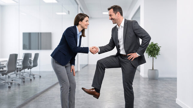 Deux coll&egrave;gues se serrant la main dans un bureau avec une pose d&rsquo;&eacute;quilibre insolite