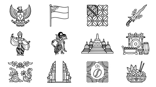 Indonesia cultural symbols icons set: batik, dancer, kris, flag, garuda, wayang, temple, gamelan