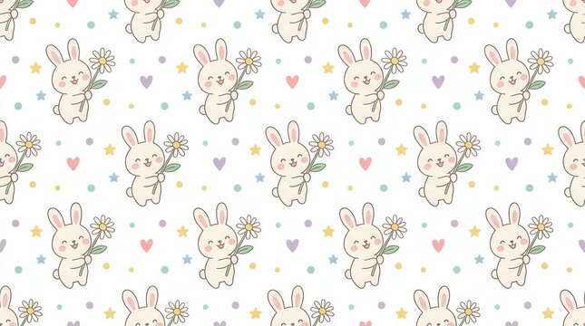 Seamless pattern with smiling cartoon rabbits holding daisies among pastel hearts and stars