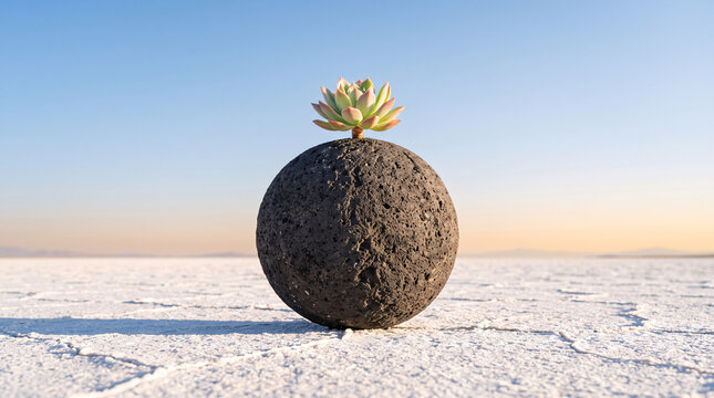 Plante succulente poussant sur une sph&egrave;re de terre dans un d&eacute;sert de sel