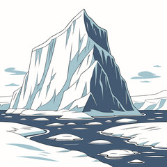 A large, jagged iceberg floating in the cold arctic sea, surrounded by smaller ice chunks and a vast snowy landscape © sabrina1122