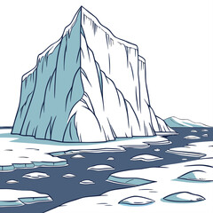 A massive, jagged iceberg floating in the cold arctic sea, with smaller ice floes and a snowy landscape in the background © sabrina1122