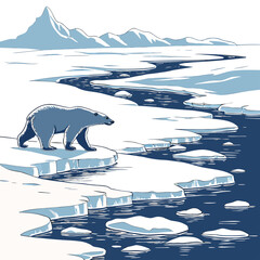 A polar bear walking on a vast ice shelf in the arctic landscape, with a winding river and distant snowy mountains © sabrina1122