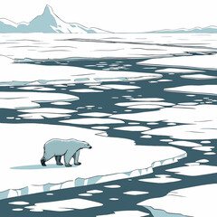 A polar bear walking across a vast, frozen arctic landscape with a winding river of dark water and distant snowy mountains © sabrina1122