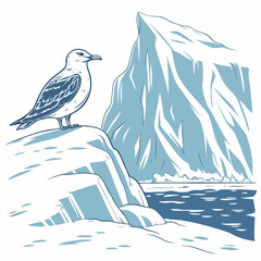 A seagull perched on a snowy cliff overlooking the cold arctic sea, with a large, jagged glacier rising in the background © sabrina1122