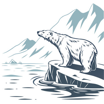A polar bear standing on a snowy ice floe in the arctic, with large glaciers and cold water in the background
