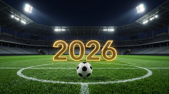 Ballon de football devant le nombre 2026 lumineux dans un stade nocturne