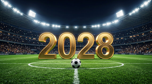 Ballon de football devant le nombre 2028 dor&eacute; dans un stade &eacute;clair&eacute;