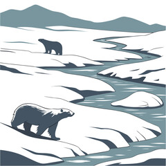 Two polar bears in a vast arctic landscape with a winding river flowing through snow-covered plains and distant mountains under a clear sky © sabrina1122