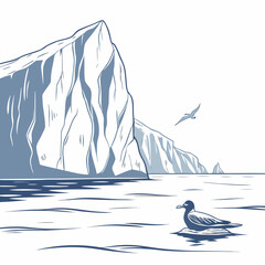 A lonely bird resting on a small ice chunk in the arctic sea with a massive glacier cliff in the background, flat © sabrina1122