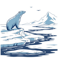 A polar bear standing on a snowy ice shelf overlooking a cold arctic river with distant mountains, a flat scene © sabrina1122