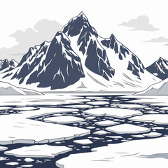 A vast arctic landscape featuring a large snow-capped mountain peak and a river filled with floating ice floes, flat © sabrina1122