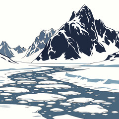 A winding river of ice floes flowing between tall dark snowy mountains in a cold arctic landscape, a flat © sabrina1122