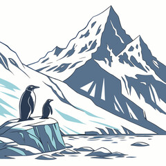 Two penguins standing on a rocky ice ledge in front of towering snowy mountains in an arctic landscape, a flat © sabrina1122