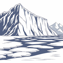 A massive, sharp-edged iceberg looming over a dark, winding river filled with floating white ice fragments in a cold, frozen arctic landscape © sabrina1122