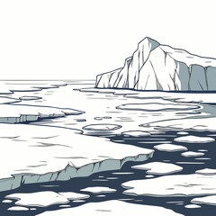 A massive, sharp-edged iceberg looming over a dark, winding river filled with floating white ice fragments in a cold, frozen arctic landscape © sabrina1122