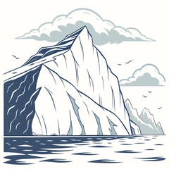 A sharp, towering iceberg under a cloudy sky with birds flying above a dark, cold river filled with floating white ice in an arctic scene © sabrina1122
