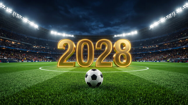 Ballon de football devant le nombre 2028 dor&eacute; dans un stade &eacute;clair&eacute;