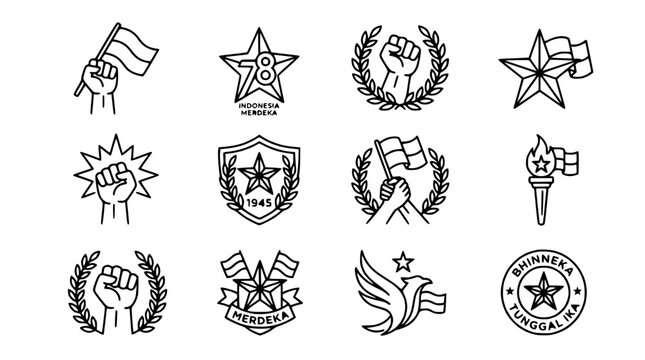 Indonesia Independence Day Icons: Fist, Flag, Star, Wreath, Torch, Eagle