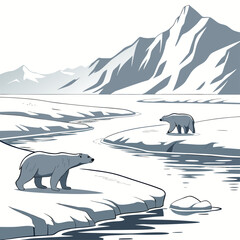 Two polar bears walking on a snowy arctic landscape with a river and mountains, in blue and white color palette © sabrina1122