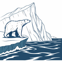 A line of a polar bear standing on a snowy ice cliff edge overlooking dark blue arctic waters with a large glacier behind it © sabrina1122