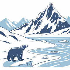 A polar bear standing on a snowy ice shelf beside a winding river with tall, jagged, snow-covered mountains in the distant arctic landscape © sabrina1122