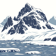 A massive, jagged snow-covered mountain rising above an arctic sea filled with ice floes, rendered in a clean, minimalist style © sabrina1122