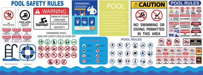 Naklejka premium Swimming Pool Safety Icons Collection with Rules, Warning Labels, Mandatory, Prohibition, Rescue and Emergency Signs Vector Set