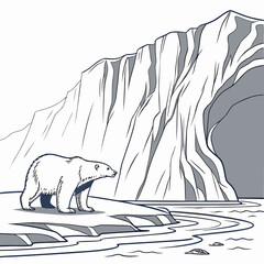 A polar bear standing on a snowy ice shelf near a massive glacial cliff with a dark cave opening and cold water in the arctic environment © sabrina1122