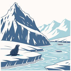 A seal resting on a snowy ice shelf beside a cold arctic river with towering, jagged, snow-covered mountains in the distant background scenery © sabrina1122