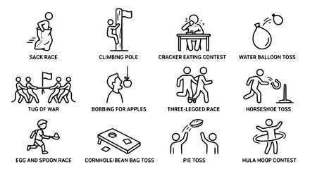 Fototapeta premium Outdoor Summer Games Collection: Sack Race, Tug of War, Cornhole, Hula Hoop