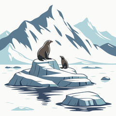 Two seals resting on a large ice floe in the middle of an arctic ocean, rendered in a clean, minimalist style © sabrina1122