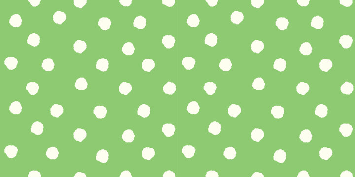 Playful seamless pattern with soft white polka dots on fresh green background creating cheerful textile print for fabric wrapping paper wallpaper stationery nursery decor and modern surface design