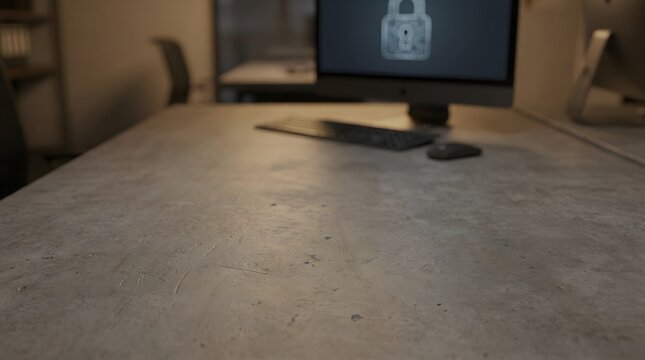 Concrete desk surface with scratches and marks displaying secure computer monitor with digital lock icon on screen blurred office background workspace theme for cybersecurity concept.