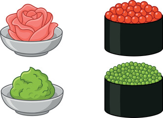 Japanese Sushi Cuisine Vector Set with Gunkan Maki Roe Red Salmon Caviar Tobiko Wasabi Pastes and Pickled Ginger Rose Icons for Restaurant Menu Designs © mdtaleb