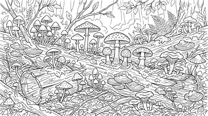 Fototapeta premium Mushroom Forest Floor Coloring Page Line Art Illustration