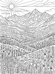 Fototapeta premium Mountain landscape coloring page with wildflowers and sunny sky