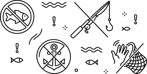 No fishing and anchoring prohibition signs line icon set with forbidden rod net anchor and fish vector © MSTJANNATUN