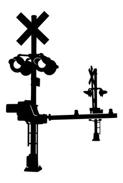 Railroad Crossing Signal Silhouette with Crossbuck and Lights
